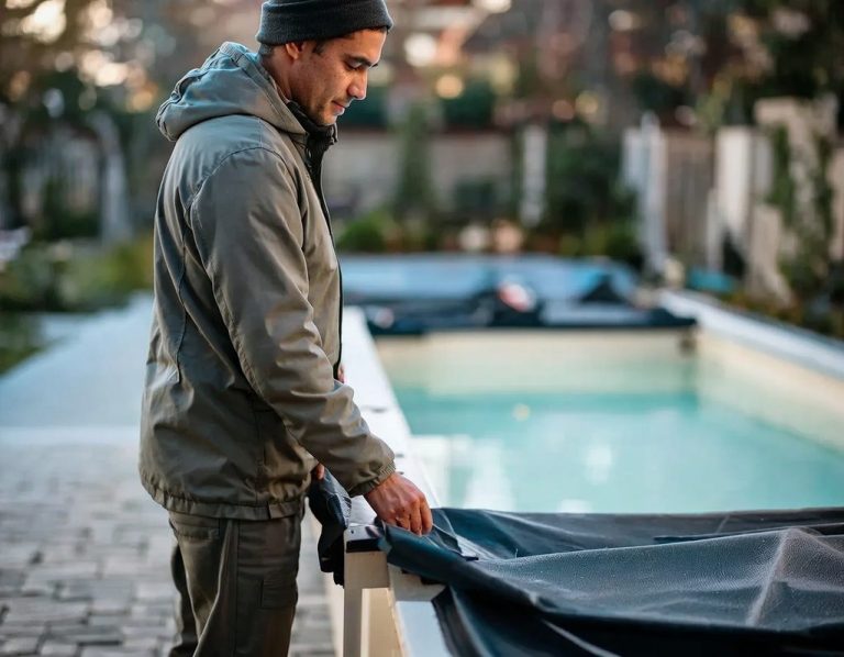 Mann zieht eine Abdeckung über einen Pool in einem Garten.