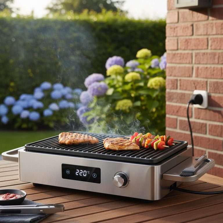 Elektrogrill Elektrischer Grill mit Fleisch und Gemüse, umgeben von blühenden Pflanzen im Garten.