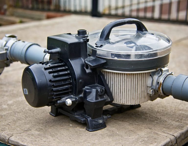 Sandfilteranlage mit motorisiertem Pumpensystem für Poolwasserreinigung.