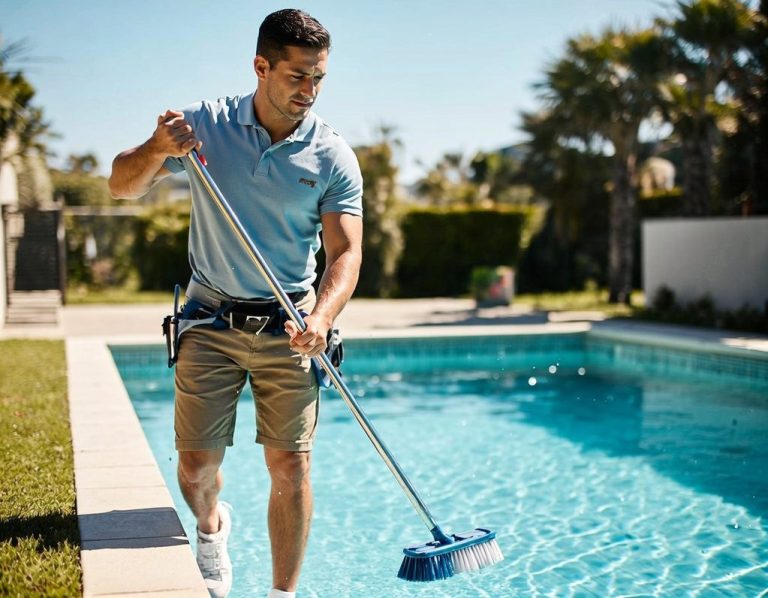 Mann reinigt einen Swimmingpool mit einem Besen unter klarem Himmel.