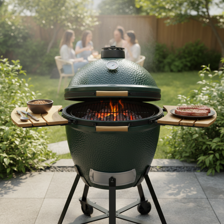 Grüner Grill mit offener Klappe, Rauch und Grillgut im Garten, im Hintergrund sitzende Personen.