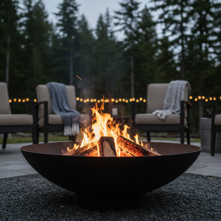 Feuerstelle mit loderndem Feuer, umgeben von gemütlichen Gartenstühlen und Lichtern.