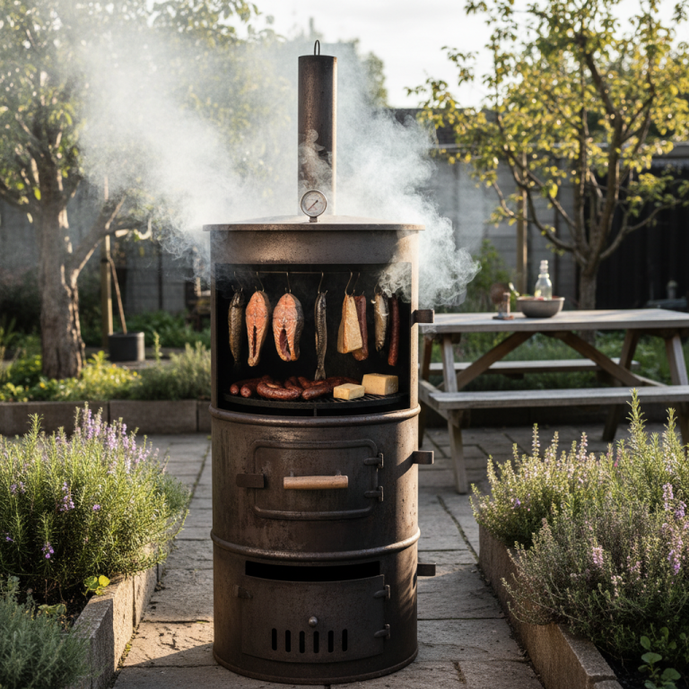 Rauchender Grill in einem Garten, umgeben von Blumenbeeten und einer Holzbank.