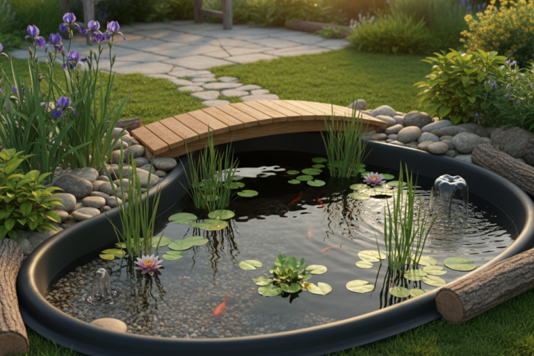 Teich mit Seerosen und Goldfischen, umgeben von Gras und Blumen. Holzbrücke darüber.