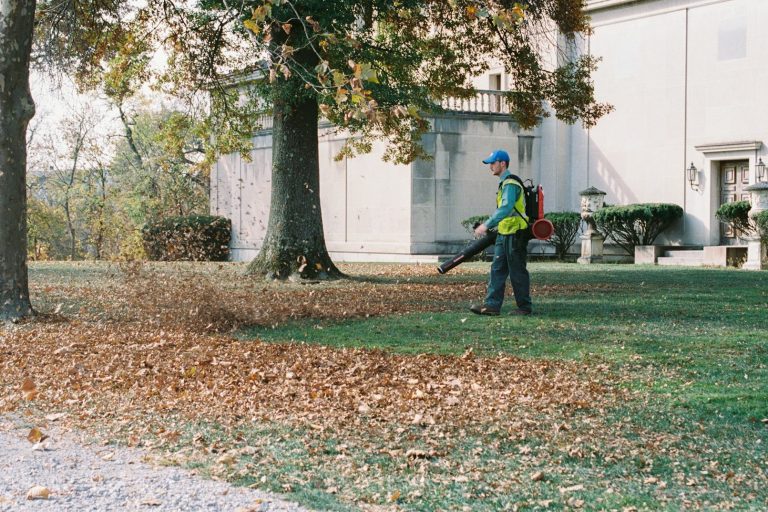 Mann mit Laubbläser entfernt Herbstblätter in einem Garten.