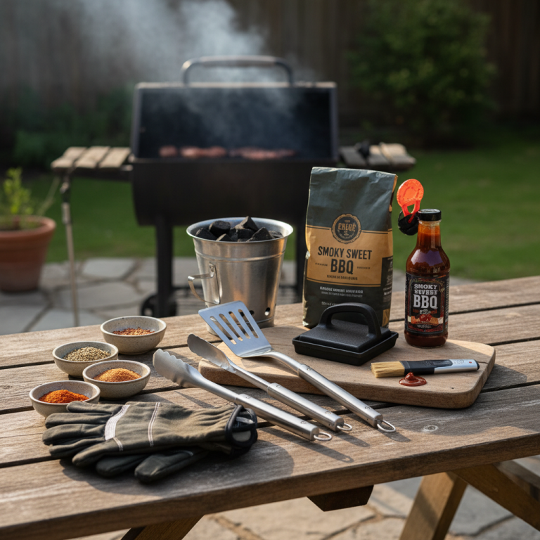 Grillzubehör mit Gewürzen, Soßen, Handschuhen und Grillanzünder auf einem Tisch im Freien.