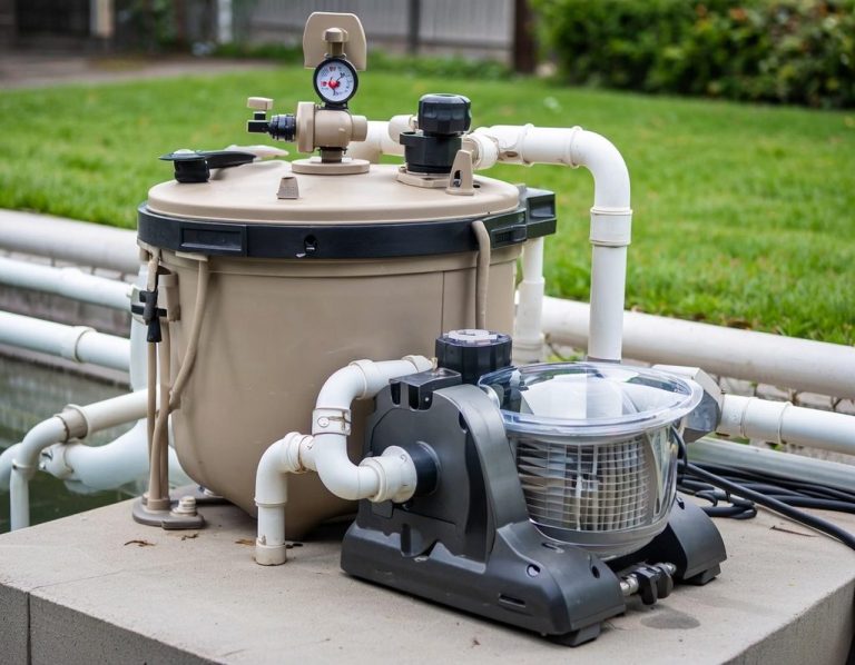Sandfilteranlage mit Pumpe und Rohrleitungen zur Wasseraufbereitung im Garten.