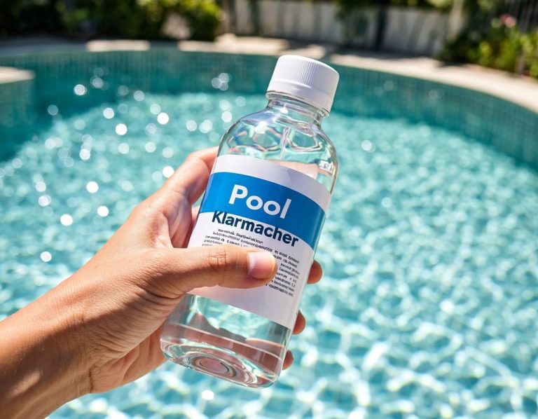 Eine Hand hält eine Wasserflasche mit dem Etikett "Pool" vor einem Pool.