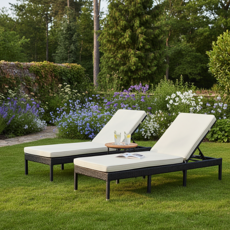 Sonnenliegen Zwei moderne Liegen mit Kissen in einem schönen Garten mit bunten Blumen.