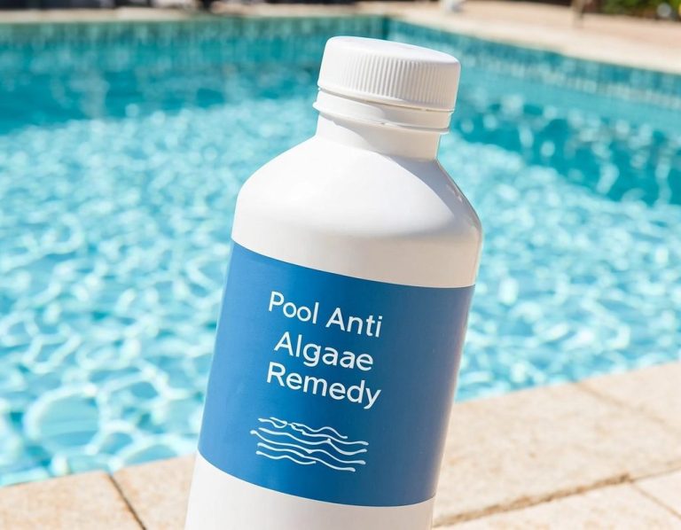 Flasche mit Pool-Algenmittel vor einem blauen Schwimmbecken.