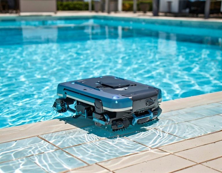 Poolreinigungsroboter am Beckenrand, umgeben von klarem Wasser.