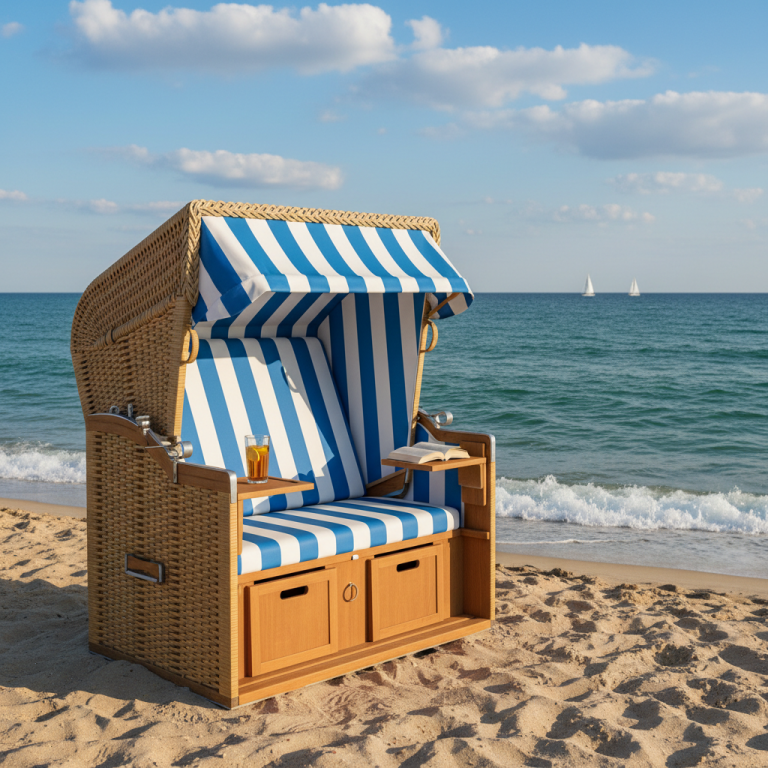Strandkorb Strandkorb am Meer mit blau-weißen Streifen, auf Sand, im Hintergrund segelnde Boote.