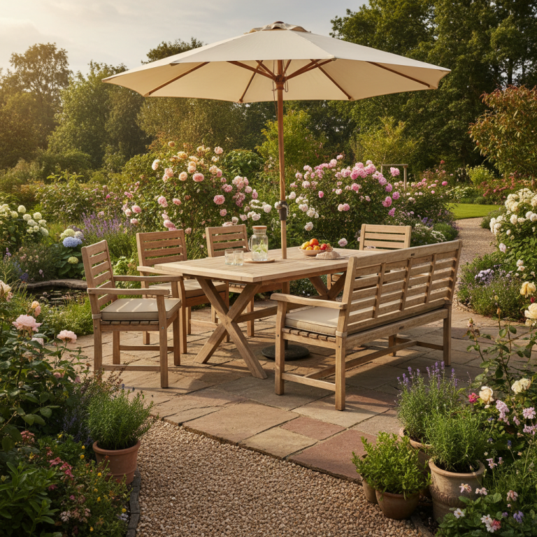 Gartenmöbel Set Holztisch und Stühle unter einem Sonnenschirm, umgeben von blühenden Pflanzen im Garten.