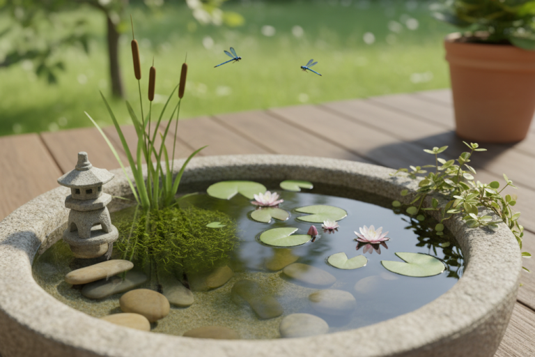 Ein runder Teich mit Seerosen, Steinen, Pflanzen und einer kleinen Gartenlaterne.