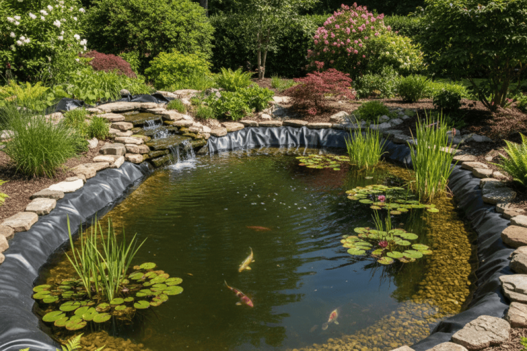 Ein Teich mit Seerosen und Fischen, umgeben von üppiger Vegetation und Steinen.