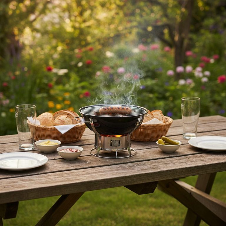 Tischgrill Grillstelle im Garten mit Würstchen, Brötchen und Getränken auf einem Tisch.