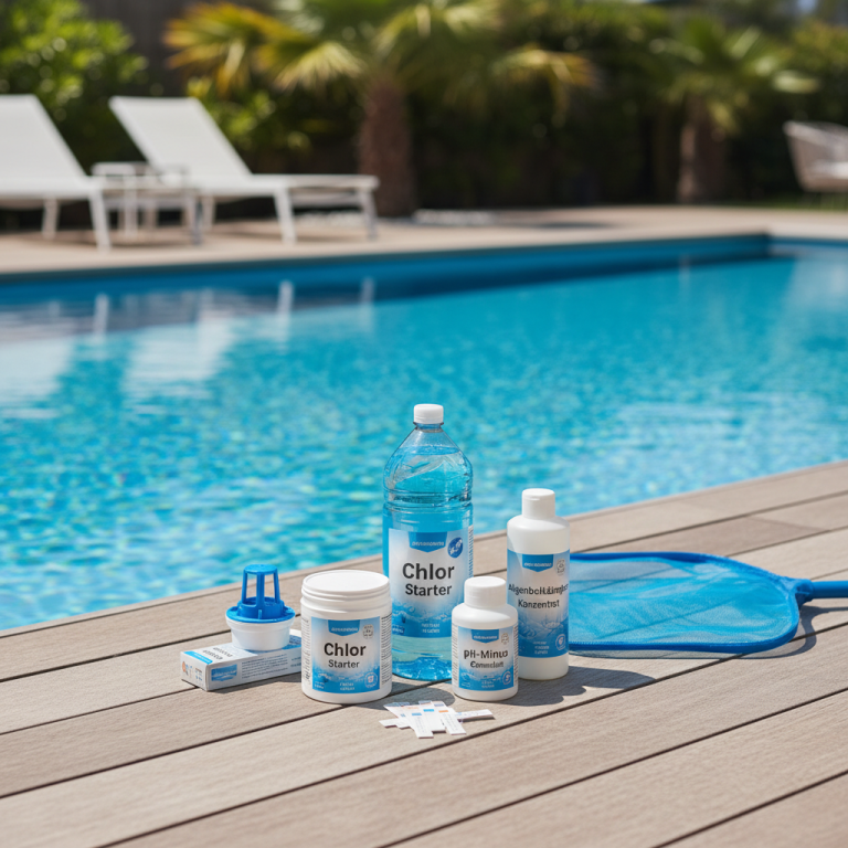 Wasserpflege Produktansammlung zur Poolpflege neben einem klaren, blauen Pool.