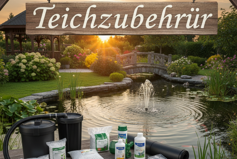 Gartenlandschaft mit Teich und Teichzubehör, Sonnenuntergang im Hintergrund.
