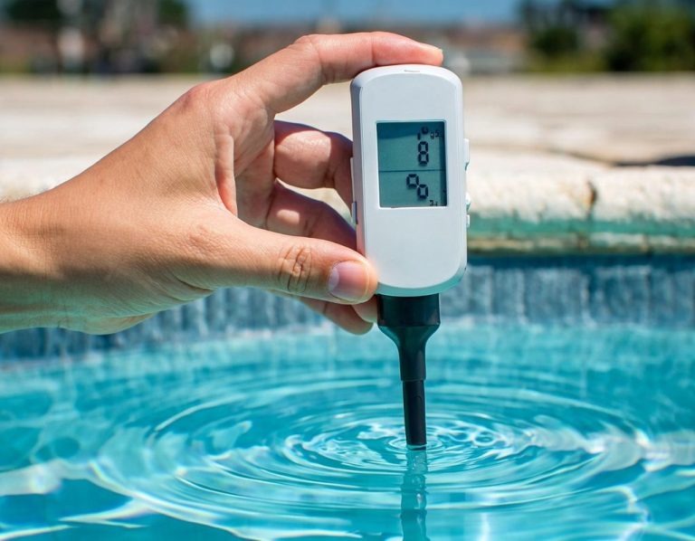 Hand hält ein digitales Messgerät über einer blauen Wasseroberfläche.